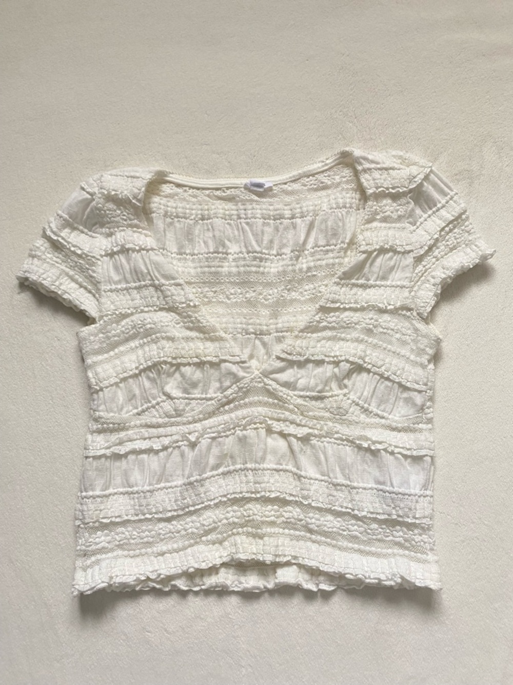 Garage Cream Lace-Textured Short Sleeve Top